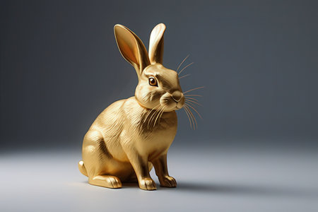 Golden rabbit on a gray background. 3d rendering, 3d illustration.の素材