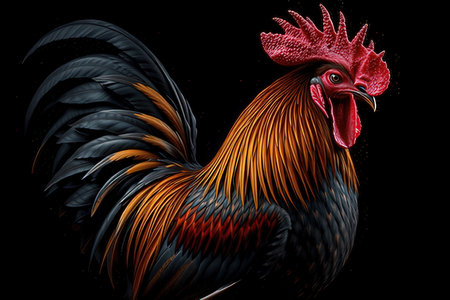 Rooster on a black background. 3d rendering, 3d illustration.の素材