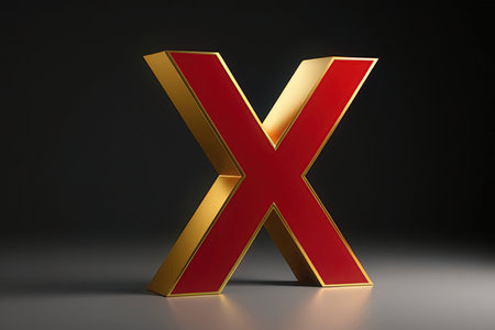 Red and gold letter X on dark background. 3d rendered font.の素材