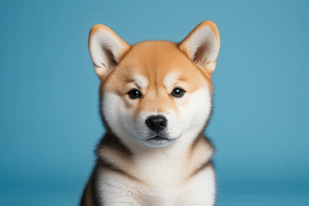 Portrait of a cute dog on blue backgroundの素材