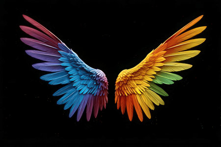 Colorful wings isolated on black background. 3d render illustration.の素材