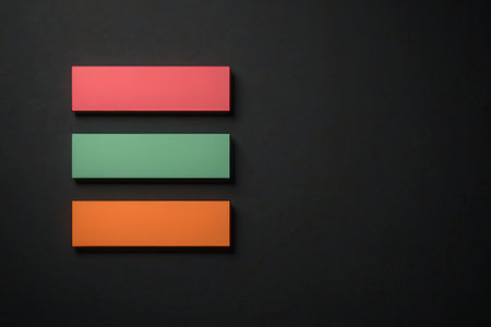 Colorful blank buttons on black wall. 3d render illustration.の素材
