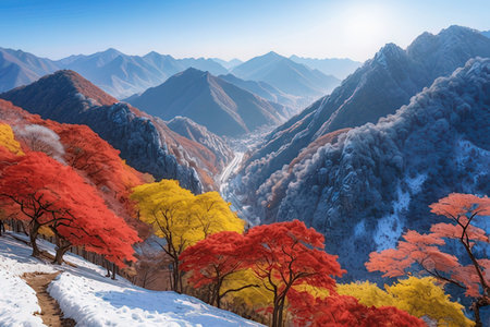 Beautiful autumn mountain landscape with red and yellow trees in snow.の素材
