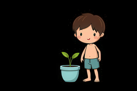 Boy watering a plant in a pot on a black background. Vector illustrationの素材