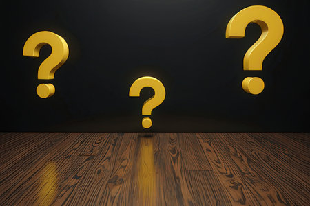 Question mark in dark room with wooden floor. 3D rendering.の素材