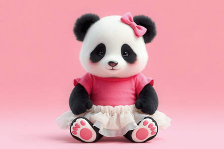 Cute panda doll isolated on pink background with clipping path.の素材