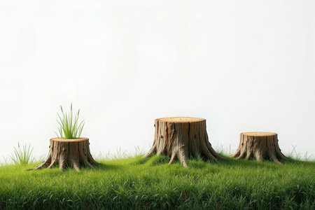 Tree stump on grass and white background. Copy space.の素材