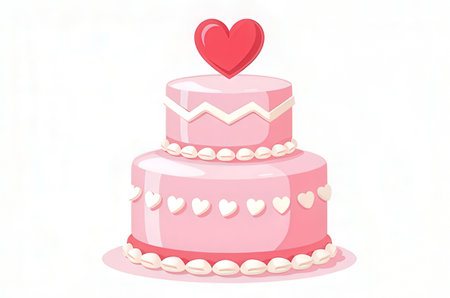 Illustration of a Pink Wedding Cake with Hearts on a White Backgroundの素材