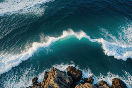 Aerial view of beautiful ocean waves crashing on the rocks at sunset.の素材
