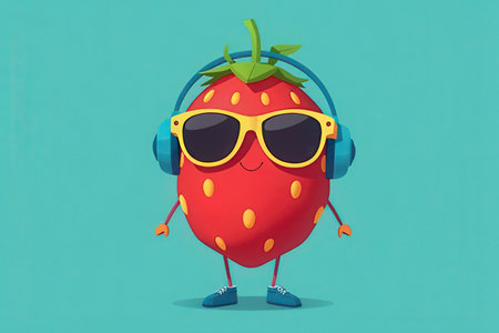 Funny strawberry with sunglasses and headphones on a blue background. Vector illustration.の素材