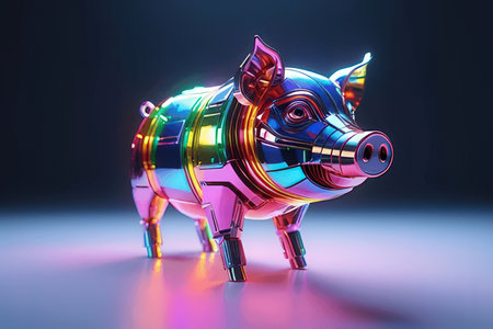 3d rendering of a shiny metallic piggy bank in neon lightの素材