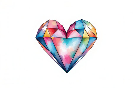 Watercolor drawing of a heart-shaped diamond on a white backgroundの素材