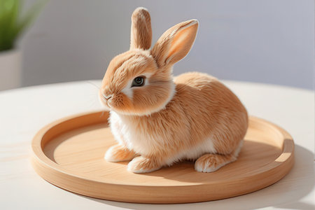 Cute little rabbit on wooden plate, closeup. Easter celebrationの素材