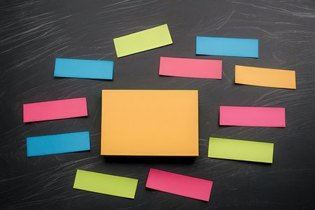 Colorful sticky notes on blackboard background, top view. Space for textの素材
