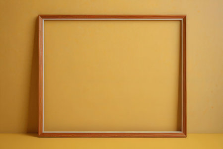 Wooden frame on yellow wall background, 3d rendering. Computer digital drawing.の素材