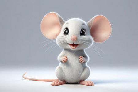 Cute white mouse on white background, 3d render illustration.の素材