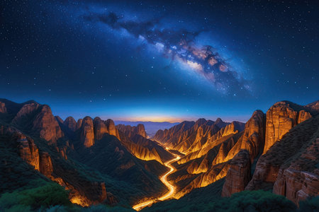 Milky way over the mountains at night, Zion National Park, Utah, USAの素材