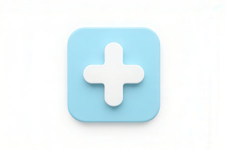 Blue plus button isolated on white background. 3D illustration. 3D rendering.の素材