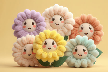Cute handmade knitted flowers on pastel background, 3d renderの素材