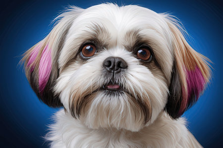 Shih Tzu dog with pink hair on blue background. Studio shot.の素材