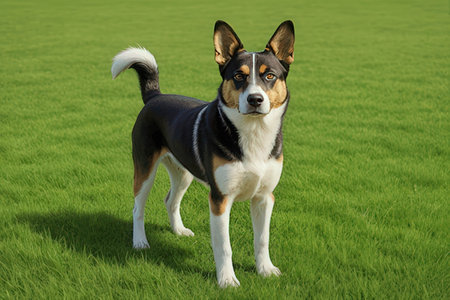 Basenji dog standing on the green grass in the park.の素材