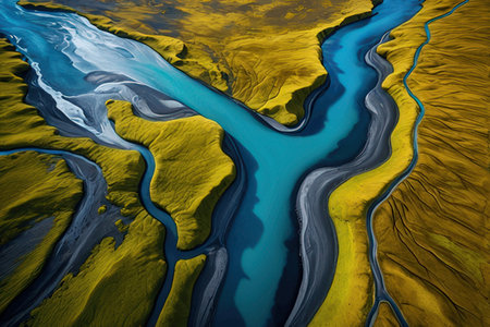 Aerial view of the river in Iceland. 3D Renderingの素材
