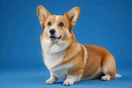 Welsh corgi dog sitting on blue background. Studio shot.の素材