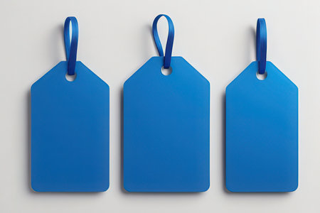 Blue blank price tags on a white background. 3d rendering.の素材