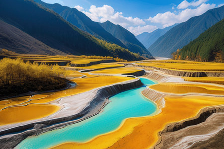 Mountain landscape with blue river and yellow grassland in Yunnan, Chinaの素材