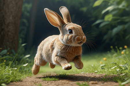 Cute little rabbit running in the green grass. 3d renderingの素材