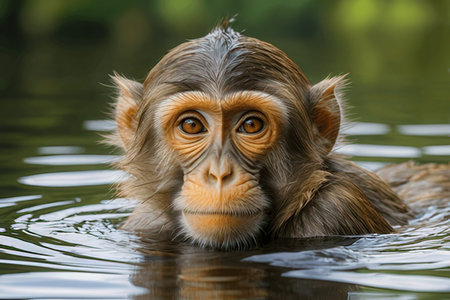 Portrait of a macaque in the water, close-upの素材
