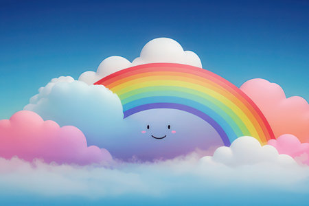 Rainbow and clouds in blue sky. Illustration for your designの素材