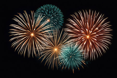 Colorful fireworks on the black sky background for celebrating happy new yearの素材