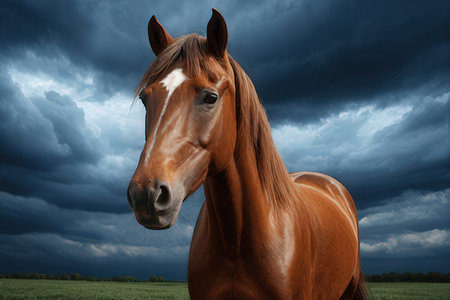 Beautiful bay horse portrait on stormy sky background. Animal portraitの素材