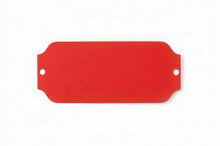 Red price tag isolated on white background. 3d illustration. Top view.の素材