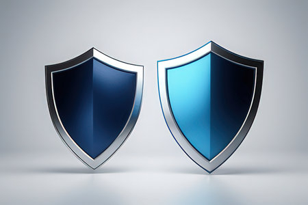 Blue shield on white background. 3D rendering. Security concept.の素材