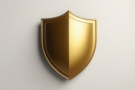 Golden shield isolated on white background. 3d render. Security conceptの素材