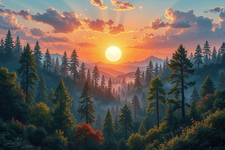 Foggy sunrise in the mountains. Colorful autumn landscape.の素材