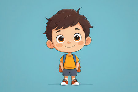 Cute little boy with backpack. Vector illustration in cartoon style.の素材