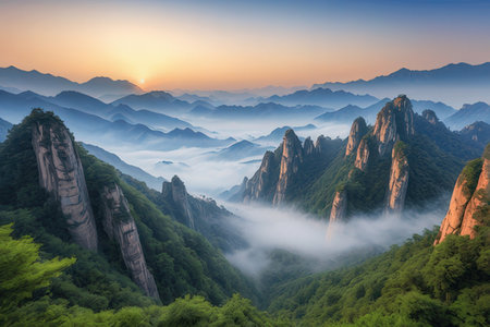 Mount Huangshan scenery at sunrise, Anhui Province, Chinaの素材