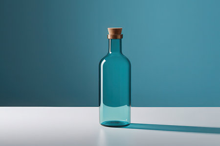 Glass bottle with blue liquid on a blue background.の素材