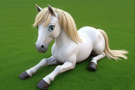 White horse on green grass. 3D illustration. Clipping path included.の素材