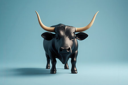Black bull on blue background. 3D illustration. 3D rendering.の素材