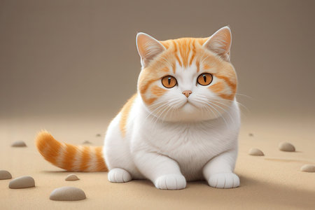 Orange cat sitting on the sand with pebbles, studio shotの素材