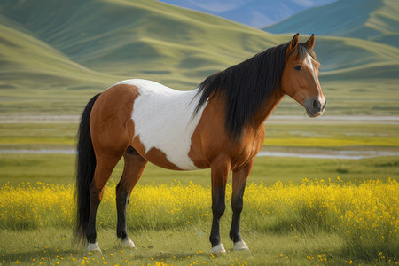 Horse in the grassland in Mongolia. Wild horses in the steppe.の素材