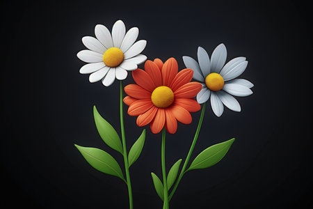 Chamomile flowers on a black background. Vector illustration.の素材