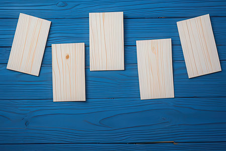 Wooden boards on blue wooden background. Top view with copy spaceの素材