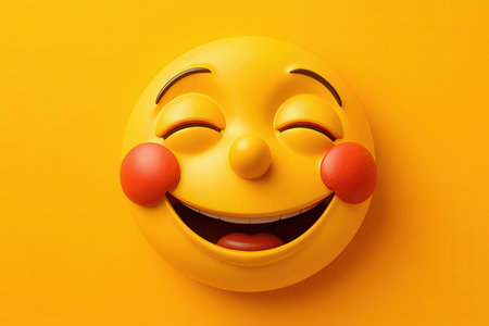 3d illustration of yellow emoticon with red clown nose on yellow backgroundの素材