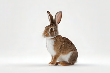 Cute brown and white rabbit sitting on white background, studio shotの素材