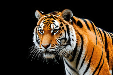 Close up of tiger head isolated on black background with clipping path.の素材